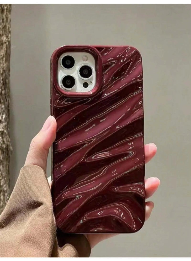 3D Wave Pattern Anti-drop Phone Case with Silky Texture Wrinkle Burgundy Brushed Effect Electroplating Compatible with iPhone