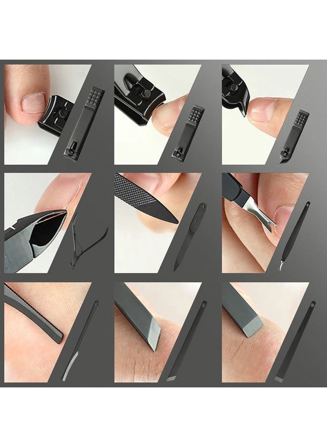 Askhald Manicure set, manicure set for men and women- premium stainless steel, Nail Scissors Nail File Ear Pick Tweezers Nose Hair Scissors with Black Leather Travel Case SET 18P (Black) - Image 2