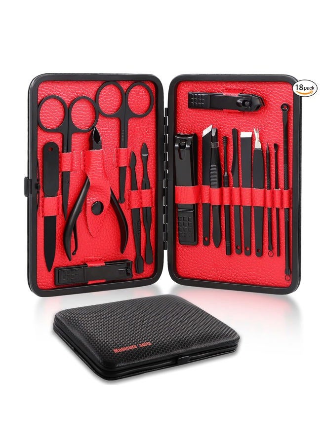 Askhald Manicure set, manicure set for men and women- premium stainless steel, Nail Scissors Nail File Ear Pick Tweezers Nose Hair Scissors with Black Leather Travel Case SET 18P (Black) - Image 1