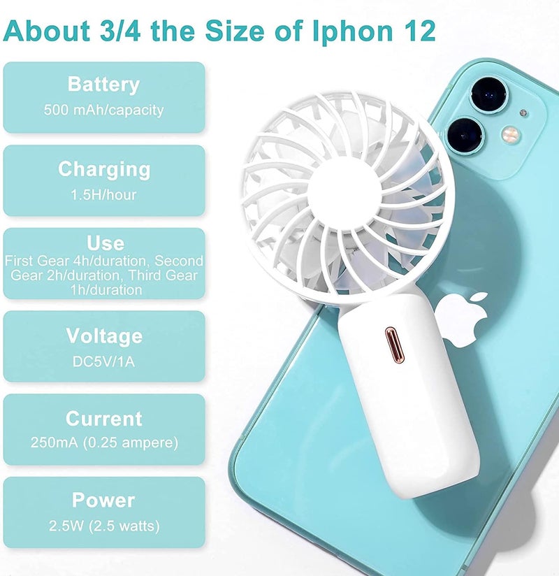 PADOM Handheld Mini Fan Battery Operated Small Personal Portable Fan Speed Adjustable USB Rechargeable Fan for Kids Girls Women Men Home Office Indoor Outdoor Travelling (White) - Image 3