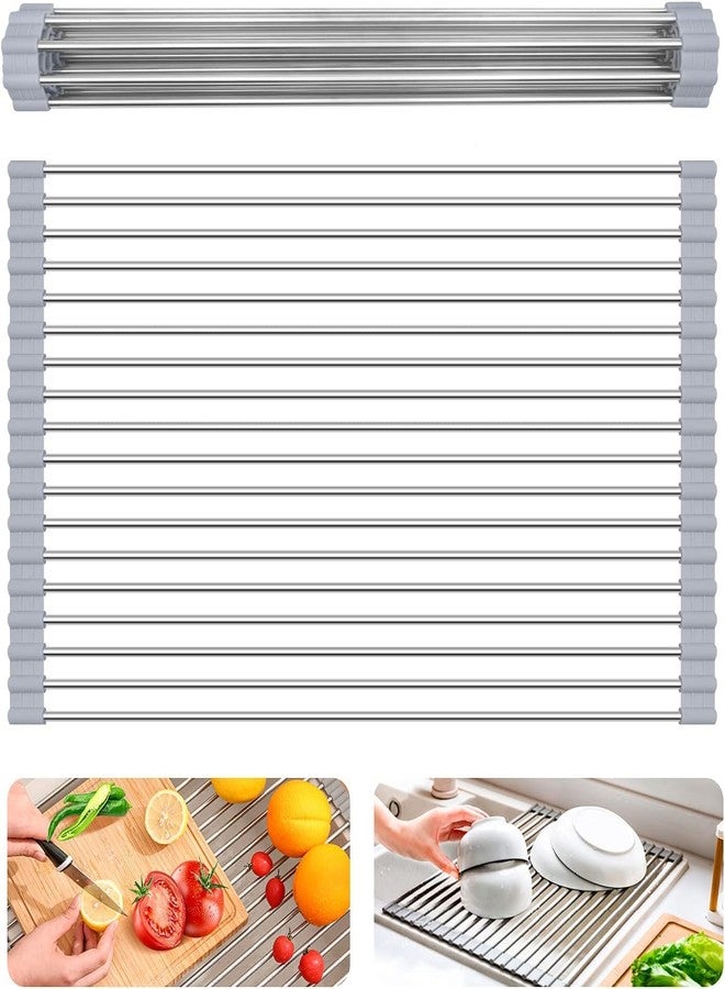 SHREESAMP Roll Up Dish Drying Rack Foldable Multi-Use Dish Drainers with Non-Slip Silicone Kitchen Over Sink Drainer Mat Rolling for Sink Stainless Steel Rolling Rack Vegetable Utensils Rack - Image 1