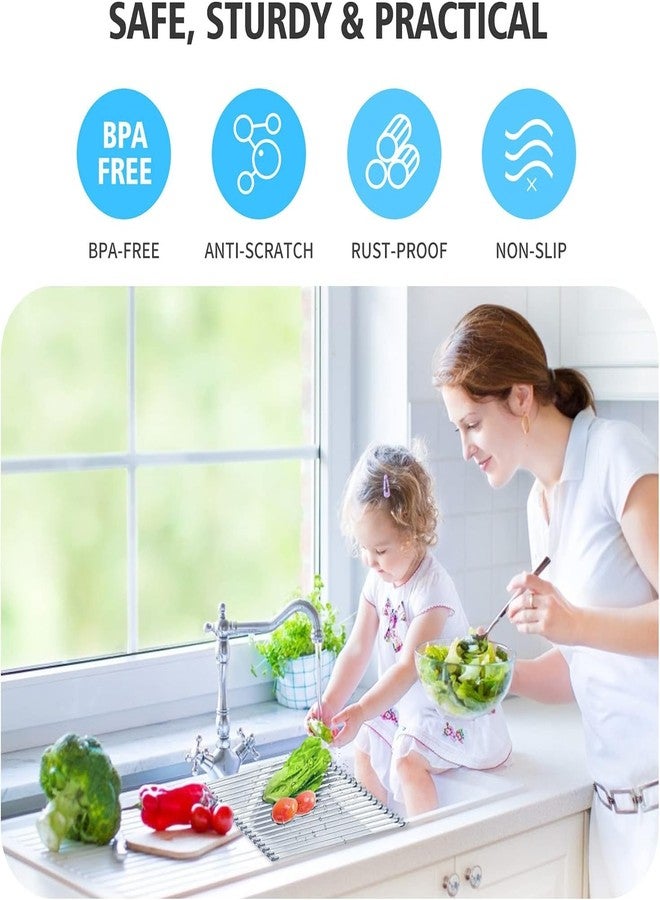 SHREESAMP Roll Up Dish Drying Rack Foldable Multi-Use Dish Drainers with Non-Slip Silicone Kitchen Over Sink Drainer Mat Rolling for Sink Stainless Steel Rolling Rack Vegetable Utensils Rack - Image 3