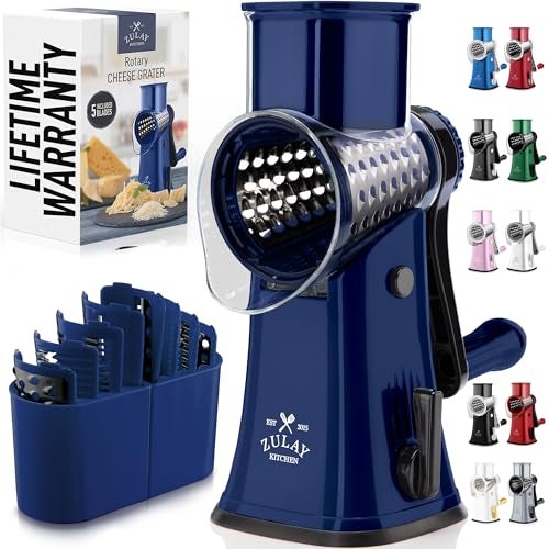 Zulay Kitchen Rotary Cheese Grater 5 Blade Cheese Shredder Manual Hand Crank Cheese Grater With Reinforced Suction 5 Interchangeable Drums Easy to Use Vegetable Chopper Round Mandoline Slicer - Image 1
