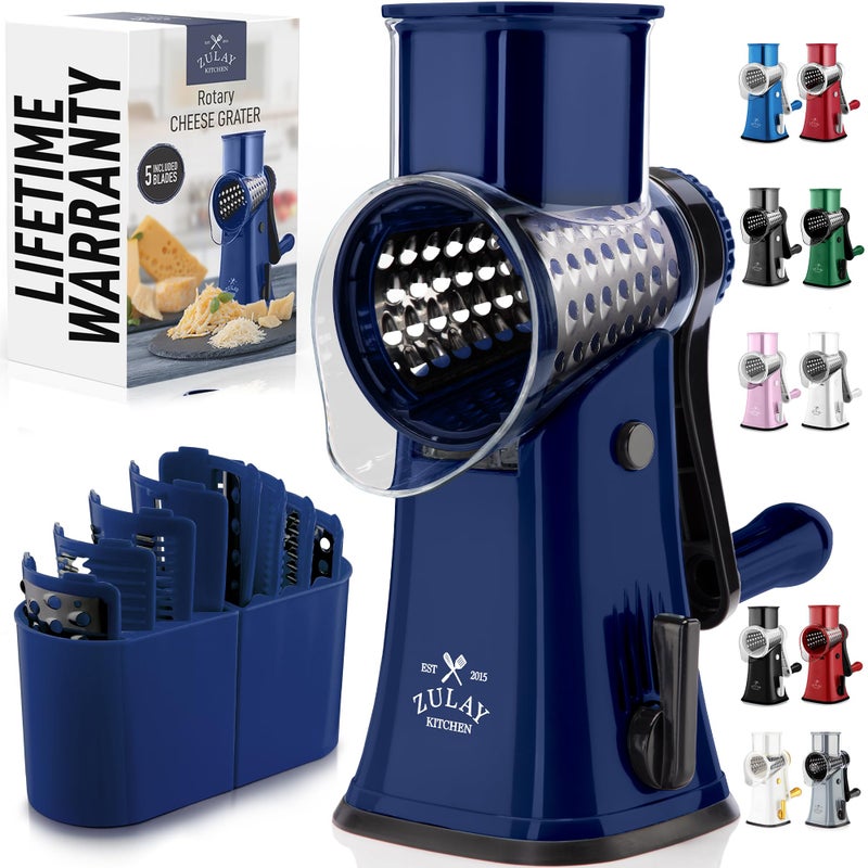 Zulay Kitchen Rotary Cheese Grater 5 Blade Cheese Shredder Manual Hand Crank Cheese Grater With Reinforced Suction 5 Interchangeable Drums Easy to Use Vegetable Chopper Round Mandoline Slicer - Image 2