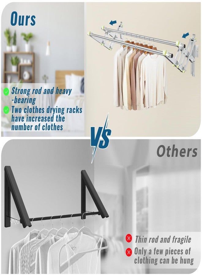 TBMLC Foldable Wall Mounted Clothes Rack-Double 44'' Long Rod&2 Bases,Stainless Steel, Heavy Duty,Multi-Purpose for Space-Saving Garment Rack/Clothes Drying Rack/Plant Hanger (44 inches length X 2 rows) - Image 3