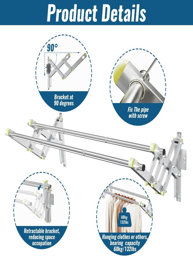 TBMLC Foldable Wall Mounted Clothes Rack-Double 44'' Long Rod&2 Bases,Stainless Steel, Heavy Duty,Multi-Purpose for Space-Saving Garment Rack/Clothes Drying Rack/Plant Hanger (44 inches length X 2 rows) - Image 4