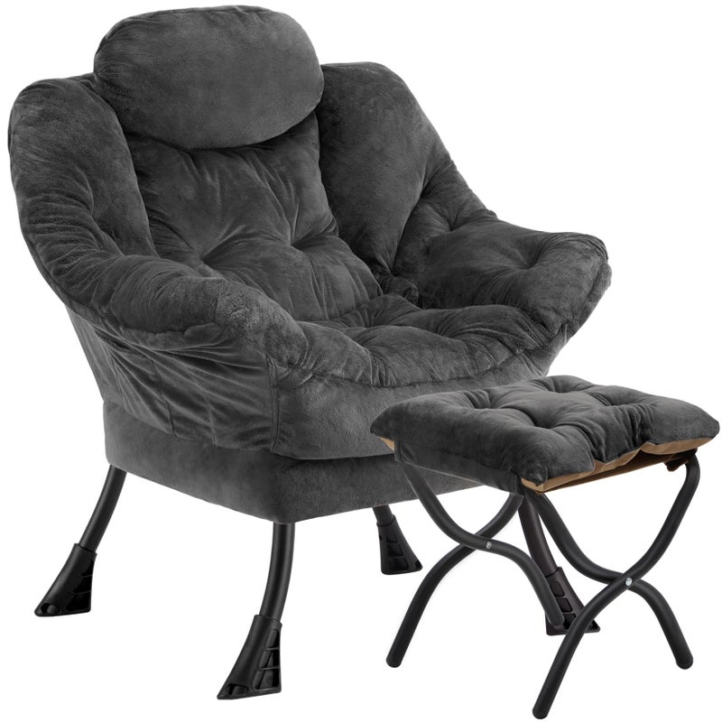 Congermom Lazy Chair with Folding OttomanLeisure Sofa ChairSoft Fabric Armchair with Armrests and Side Pockets Reading Chair with Footrest for Living Room Bedroom Office Plush Dark Grey