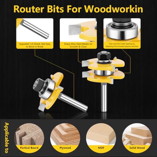 Serplex® 2Pcs Router Bits, Alloy Steel Tongue and Groove Router Bit Set, 1/4'' (6.35mm) Shank for 3/4" Stock, 1/2" Cutting Depth, Adjustable 3 Teeth Shaker, for Woodworking, Milling, Cutting - Image 4