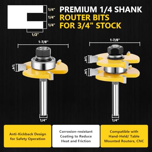 Serplex® 2Pcs Router Bits, Alloy Steel Tongue and Groove Router Bit Set, 1/4'' (6.35mm) Shank for 3/4" Stock, 1/2" Cutting Depth, Adjustable 3 Teeth Shaker, for Woodworking, Milling, Cutting - Image 2