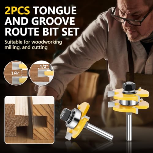 Serplex® 2Pcs Router Bits, Alloy Steel Tongue and Groove Router Bit Set, 1/4'' (6.35mm) Shank for 3/4" Stock, 1/2" Cutting Depth, Adjustable 3 Teeth Shaker, for Woodworking, Milling, Cutting - Image 3