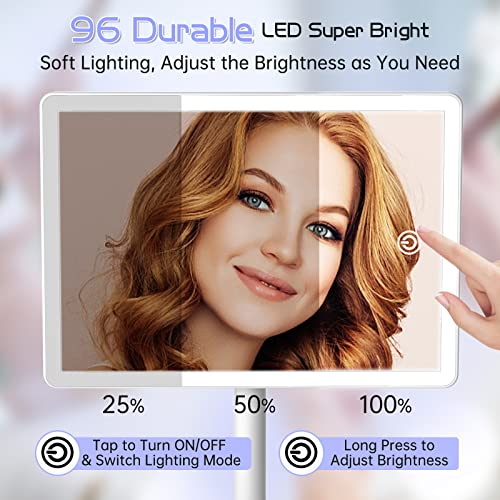 FUNTOUCH مرآة مكياج قابلة للشحن من FUNTOUCH مع أضواء، مرآة مكياج مكتبية كبيرة مضاءة مع 96 ضوء LED ومرآة مكبرة 10x، إضاءة بثلاثة ألوان، مرآة مكياج مضاءة مع حامل للهاتف - Image 3
