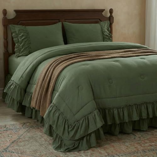 Bedding_Dreamer Olive Green Ruffle Comforter Set King 3 Pieces Shabby Chic Farmhouse Bedding Soft Microfiber Comforter with Matching Shams All Season - Image 1