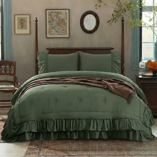 Bedding_Dreamer Olive Green Ruffle Comforter Set King 3 Pieces Shabby Chic Farmhouse Bedding Soft Microfiber Comforter with Matching Shams All Season - Image 3