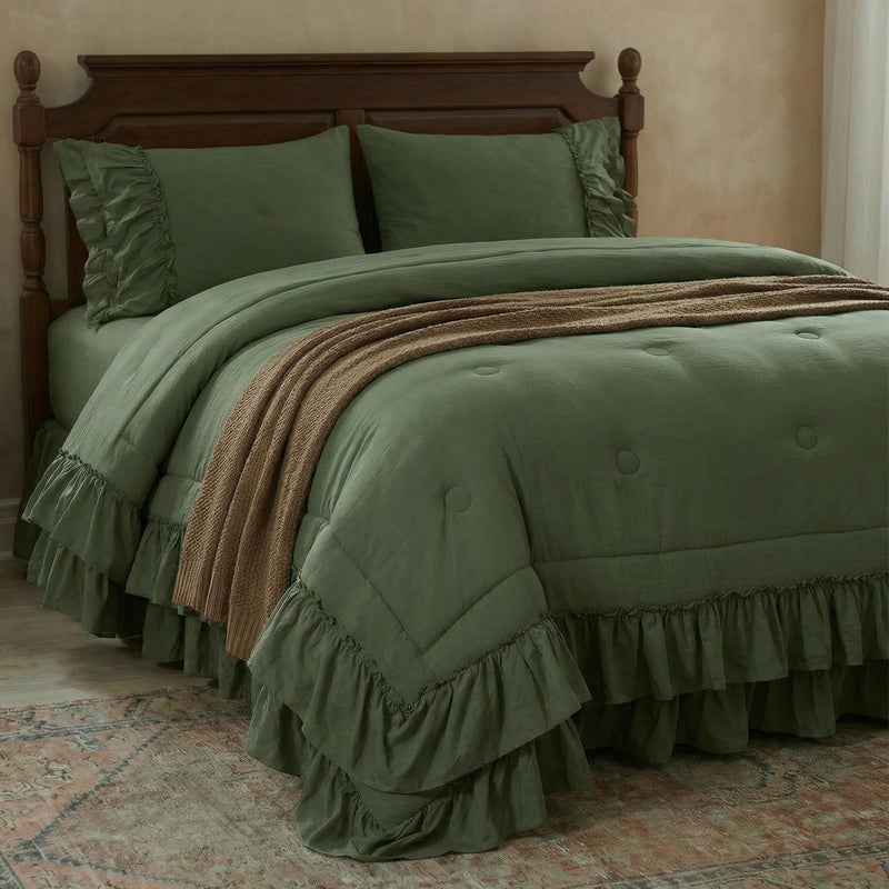 Bedding_Dreamer Olive Green Ruffle Comforter Set King 3 Pieces Shabby Chic Farmhouse Bedding Soft Microfiber Comforter with Matching Shams All Season - Image 2