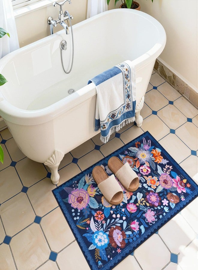 لايف بوكس سجادة مدخل صغيرة زرقاء مقاس 2×3، مناسبة للحمام أو المدخل الأمامي، بتصميم بوهيمي مزهر، قابلة للغسل، مناسبة لأرضيات المطابخ وغرف الأطفال، ذات وبر منخفض مانعة للانزلاق، وسجادة ملونة بنقشة مميزة، تُعد إضافة رائعة لديكور المنزل. - Image 2