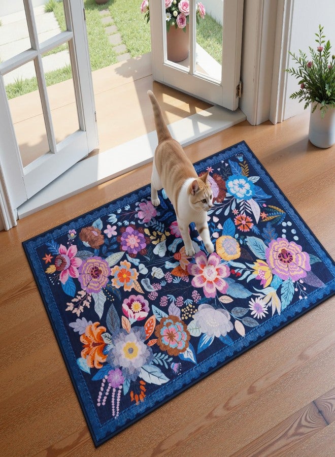 لايف بوكس سجادة مدخل صغيرة زرقاء مقاس 2×3، مناسبة للحمام أو المدخل الأمامي، بتصميم بوهيمي مزهر، قابلة للغسل، مناسبة لأرضيات المطابخ وغرف الأطفال، ذات وبر منخفض مانعة للانزلاق، وسجادة ملونة بنقشة مميزة، تُعد إضافة رائعة لديكور المنزل. - Image 1