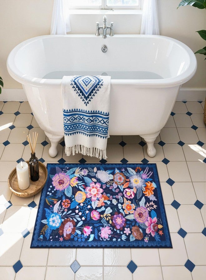 لايف بوكس سجادة مدخل صغيرة زرقاء مقاس 2×3، مناسبة للحمام أو المدخل الأمامي، بتصميم بوهيمي مزهر، قابلة للغسل، مناسبة لأرضيات المطابخ وغرف الأطفال، ذات وبر منخفض مانعة للانزلاق، وسجادة ملونة بنقشة مميزة، تُعد إضافة رائعة لديكور المنزل. - Image 5