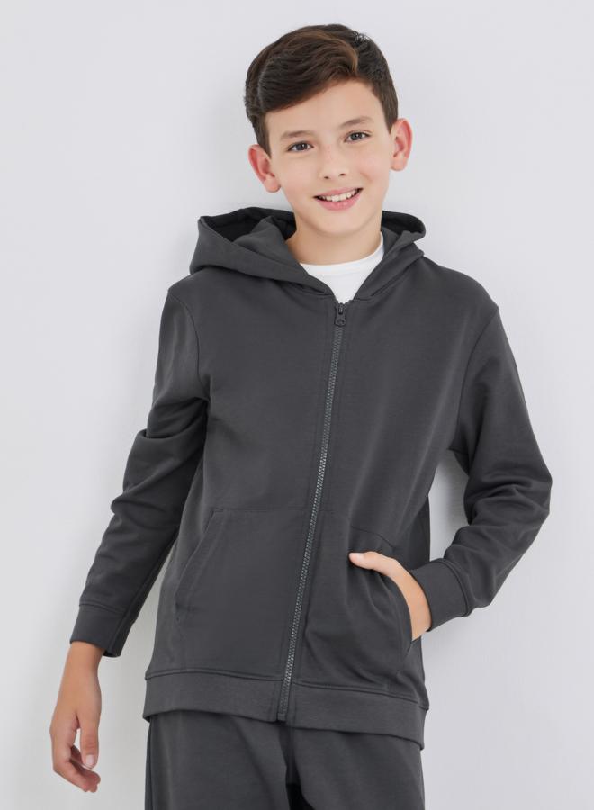 Styli School Uniform Charcoal Full Zip Hoodie with Pockets - Image 2