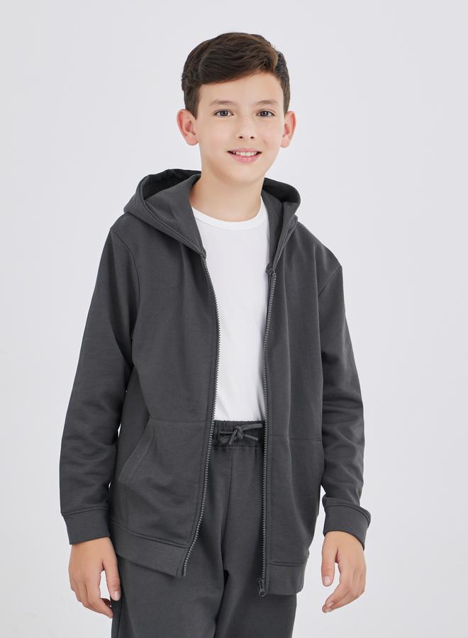 Styli School Uniform Charcoal Full Zip Hoodie with Pockets - Image 1