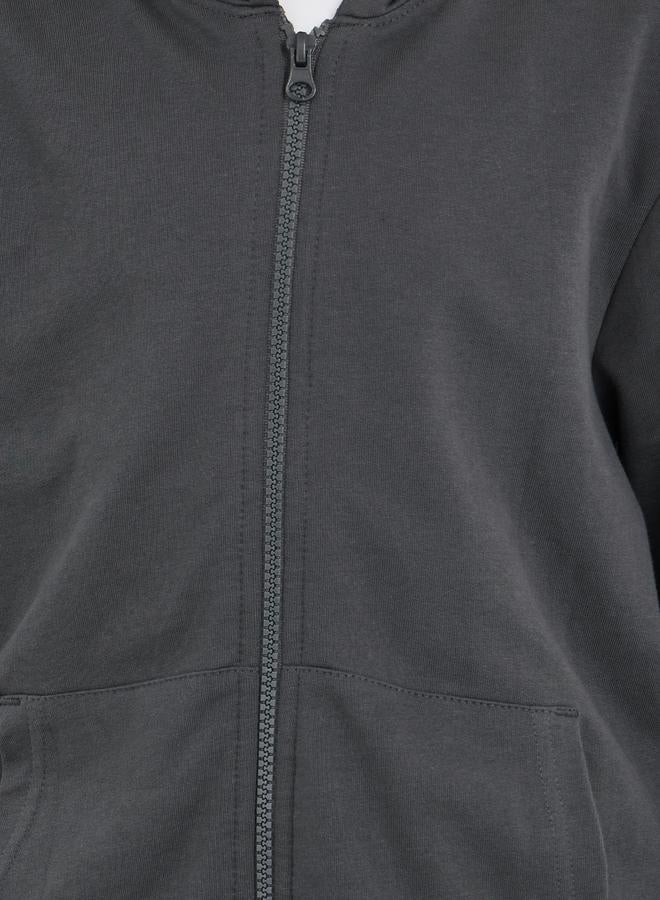 Styli School Uniform Charcoal Full Zip Hoodie with Pockets - Image 4