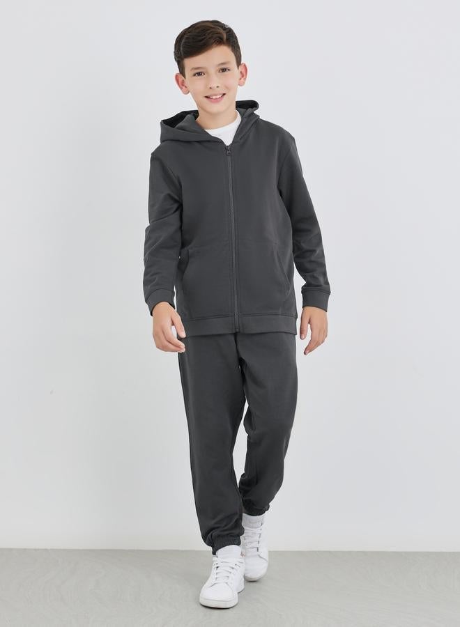 Styli School Uniform Charcoal Full Zip Hoodie with Pockets - Image 3