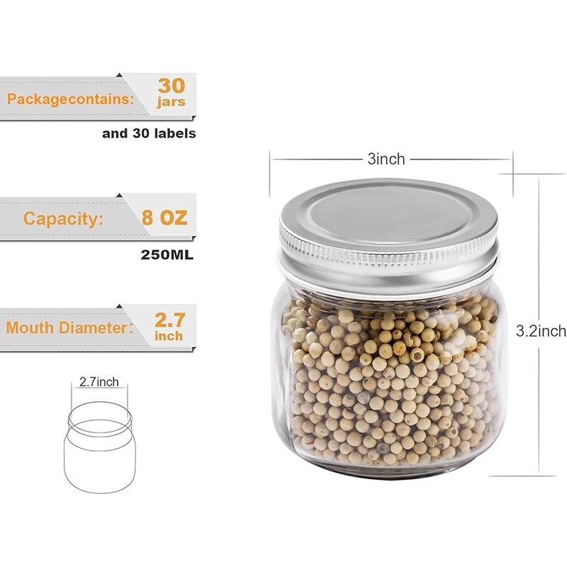 Rainforce Mason Jars 8 oz 30 Pack- Small Mason Jars With Silver Lids -1/4 Quart Canning Jars| Storage Pickling Jars For Jelly, Jam, Honey, Pickles - Spice Glass Jars - With Free 30 Chalkboard Labels - Image 4