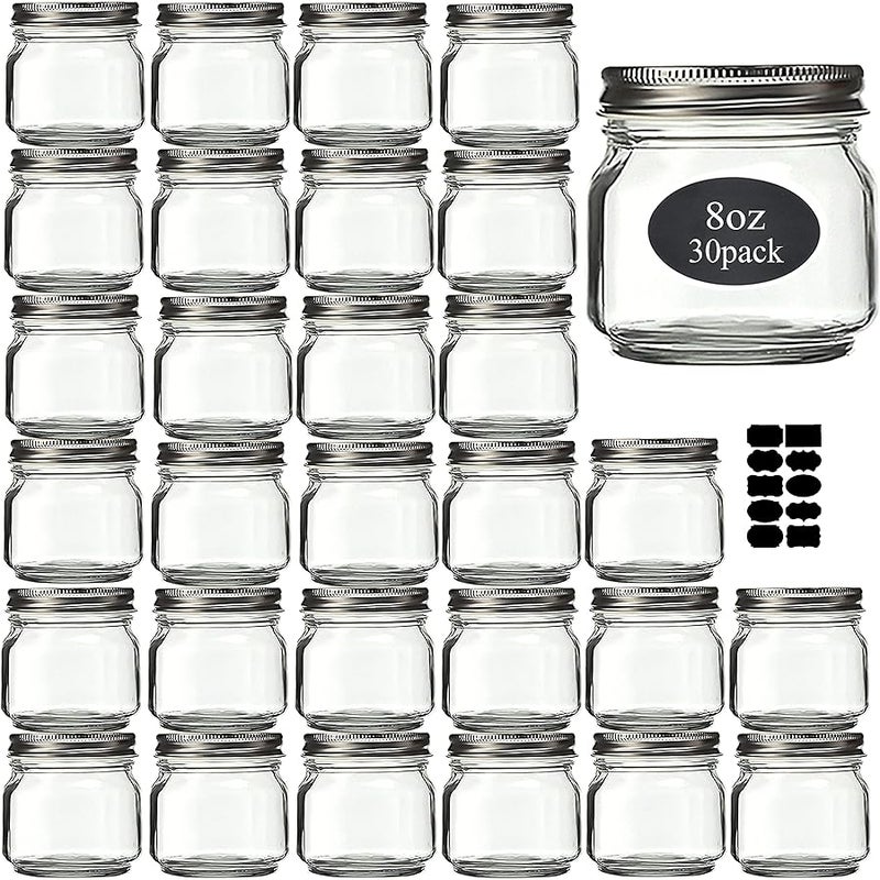 Rainforce Mason Jars 8 oz 30 Pack- Small Mason Jars With Silver Lids -1/4 Quart Canning Jars| Storage Pickling Jars For Jelly, Jam, Honey, Pickles - Spice Glass Jars - With Free 30 Chalkboard Labels - Image 1