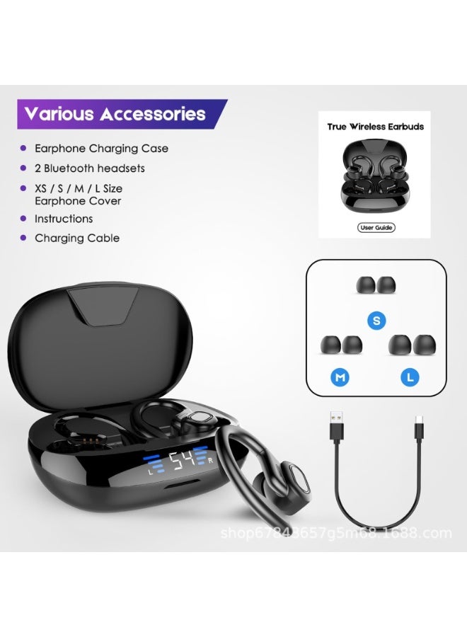 Wireless Bluetooth Headphones, With Earhooks & Microphone, 80hrs Playback Ipx7 Waterproof, Earbuds, Over-Ear Stereo Bass Earphones with LED Battery Display for Sports/Workout/Gym/Running (Black) - Image 4