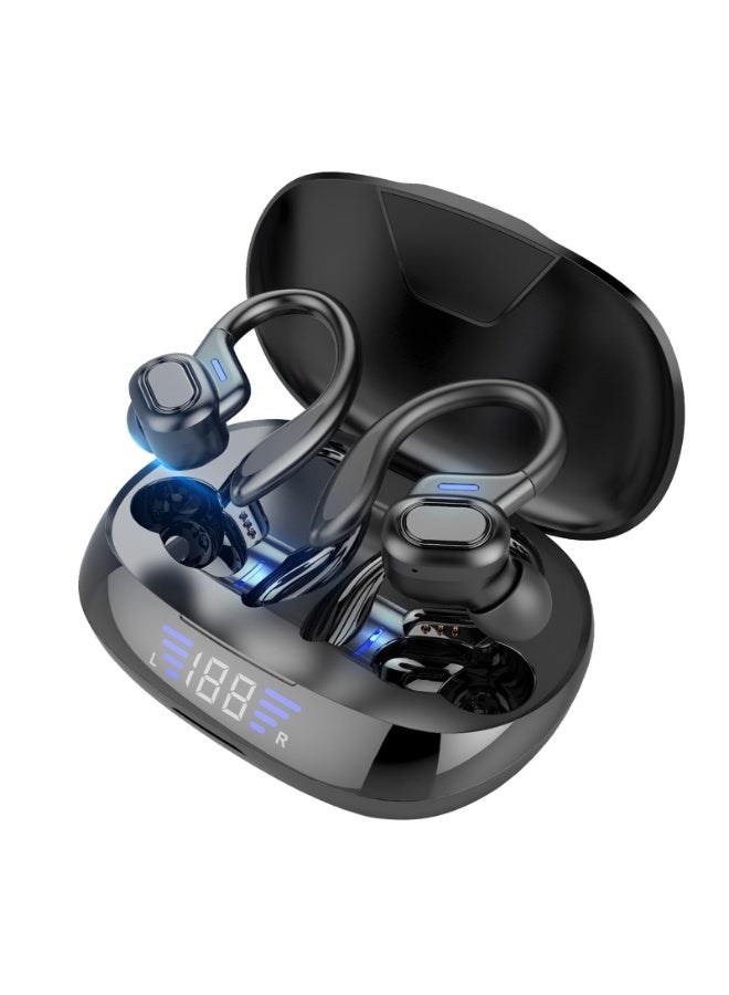 Wireless Bluetooth Headphones, With Earhooks & Microphone, 80hrs Playback Ipx7 Waterproof, Earbuds, Over-Ear Stereo Bass Earphones with LED Battery Display for Sports/Workout/Gym/Running (Black) - Image 1
