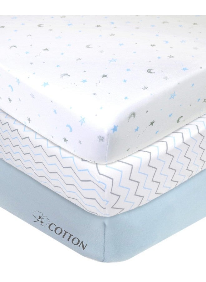 أمريكان بيبي كومباني مجموعة من 3 ملاءات سرير صغيرة ملائمة من شركة American Baby Company، مقاس 24 بوصة × 38 بوصة، ملاءة ناعمة قابلة للتنفس من القطن بنسبة 100%، بلون أزرق نجمي/متعرج، للأولاد والبنات، تناسب معظم مراتب Pack N Play  - Image 1