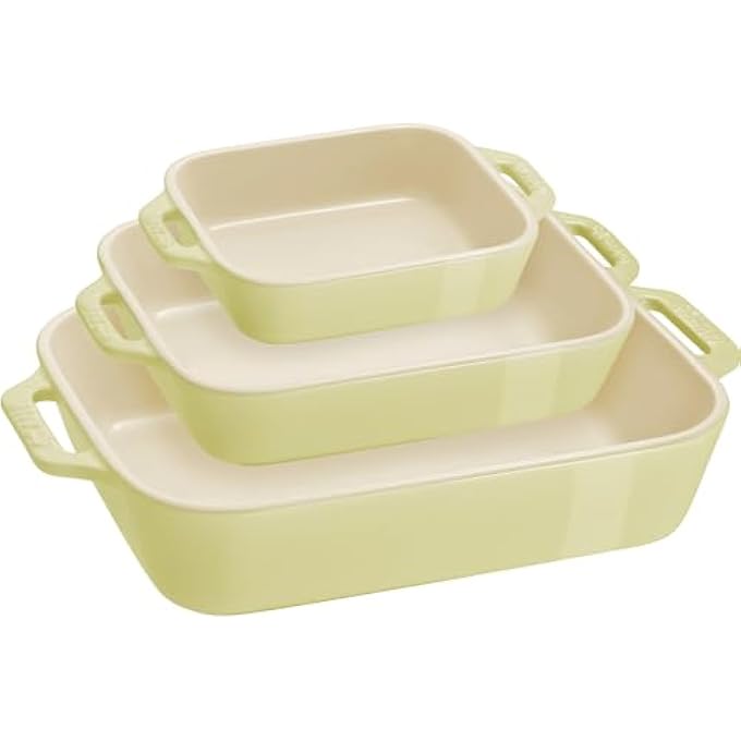 ستوب طقم أطباق خبز مستطيلة سيراميكية من 3 قطع، لون أخضر فاتح، قابلة للتكديس، غير لاصقة، آمنة للاستخدام في غسالة الأطباق والميكروويف والفريزر. - Image 1