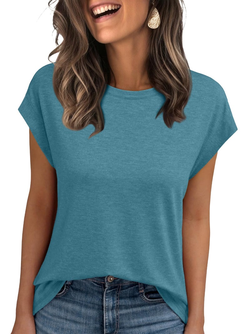 AUTOMET Women's Cap Sleeve Tops for Summer - Soft Stretchy Versatile Shirts for Office Casual Date Everyday Wear Bluegreen L - Image 1