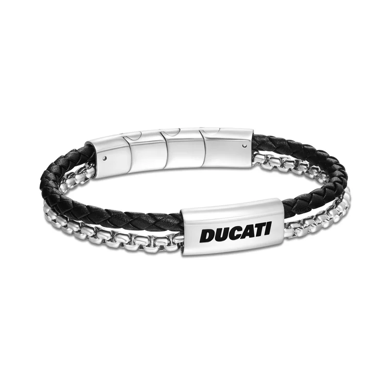 Ducati Drifter Black Leather with Silver Chain Bracelet for Men