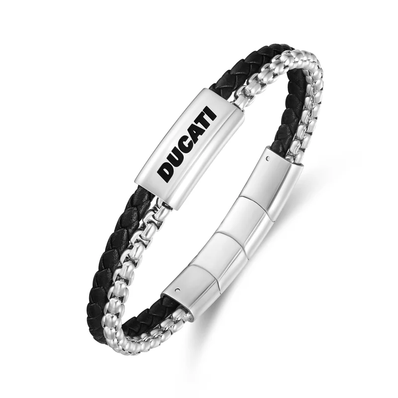 Ducati Drifter Black Leather with Silver Chain Bracelet for Men