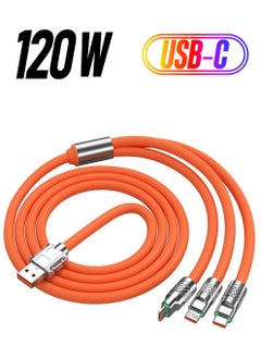 6A Hight Current 3 in 1 Fast Charger Cord Multi Function Charging Cable120W, 1.2 Meter Super Soft Silicone Universal USB Charging Cable Adapter with Lightning/Type C/USB Port(Orange)