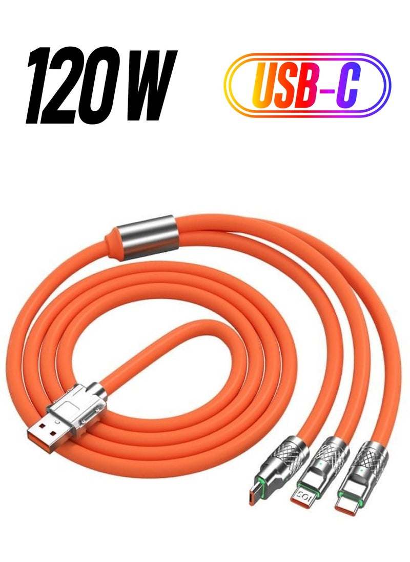 Generic - 6A Hight Current 3 in 1 Fast Charger Cord Multi Function Charging Cable120W, 1.2 Meter Super Soft Silicone Universal USB Charging Cable Adapter with Lightning/Type C/USB Port(Orange) - Image 1