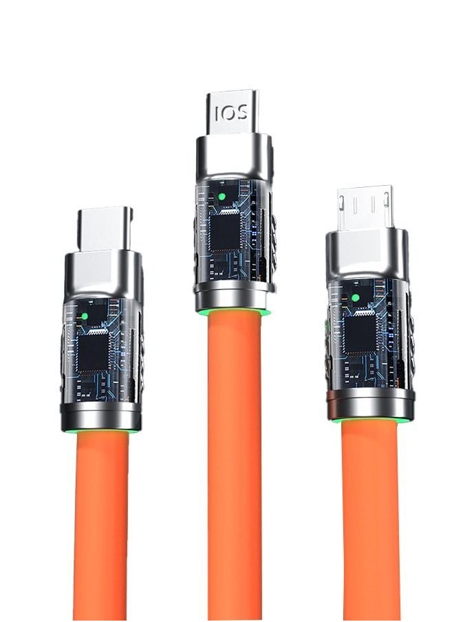 Generic - 6A Hight Current 3 in 1 Fast Charger Cord Multi Function Charging Cable120W, 1.2 Meter Super Soft Silicone Universal USB Charging Cable Adapter with Lightning/Type C/USB Port(Orange) - Image 1