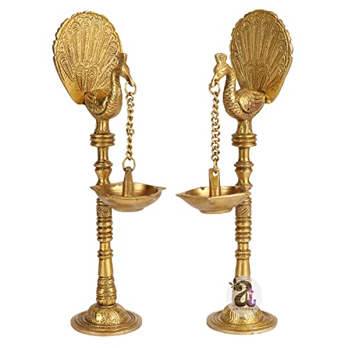 Artvarko Pair of Bird Peacock Hanging Chain Diya Oil Lamp Stand Brass Hindu Religious Puja Fengshui for Home Decor Temple Diwlai Puja Decorative Gift 9 Inches - Image 3