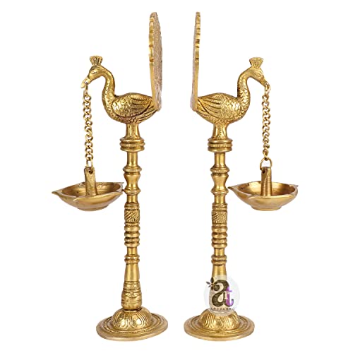 Artvarko Pair of Bird Peacock Hanging Chain Diya Oil Lamp Stand Brass Hindu Religious Puja Fengshui for Home Decor Temple Diwlai Puja Decorative Gift 9 Inches - Image 5