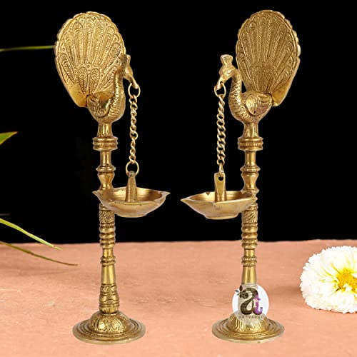Artvarko Pair of Bird Peacock Hanging Chain Diya Oil Lamp Stand Brass Hindu Religious Puja Fengshui for Home Decor Temple Diwlai Puja Decorative Gift 9 Inches - Image 1