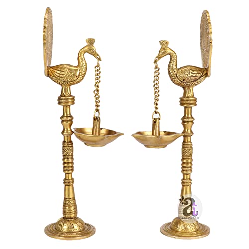 Artvarko Pair of Bird Peacock Hanging Chain Diya Oil Lamp Stand Brass Hindu Religious Puja Fengshui for Home Decor Temple Diwlai Puja Decorative Gift 9 Inches - Image 4
