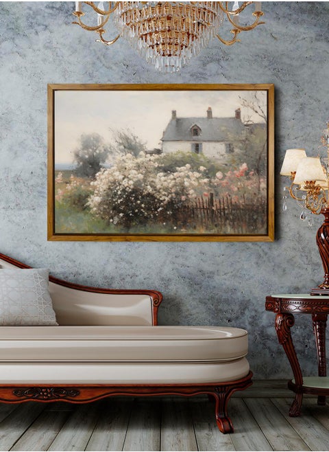 Canvas Wall Art Stretched Over Wooden Frame with Wooden Color Floating Frame and Vintage Style House Surrounded By Colorful Flowers Painting