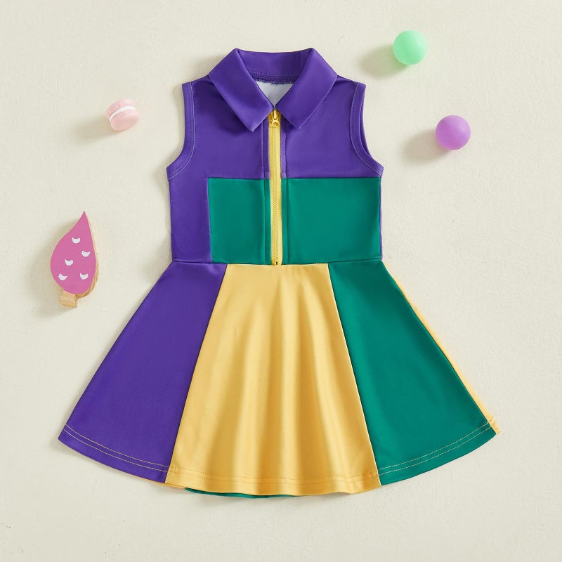 Rourufy Little Girls Mardi Gras Outfit Toddler Sleeveless A Line Sun Dress Kids Zipper Party Dresses Spring Summer Clothes (G Mardi Gras Purple, 6-7 Years) - Image 4