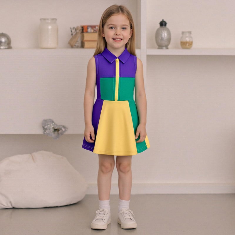 Rourufy Little Girls Mardi Gras Outfit Toddler Sleeveless A Line Sun Dress Kids Zipper Party Dresses Spring Summer Clothes (G Mardi Gras Purple, 6-7 Years) - Image 3