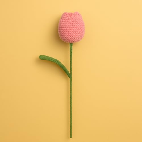 SYCAMORE EAST Handmade Crochet Tulip Flower – Pink Knitted Bloom with Green Stem, Cotton Yarn, Eco-Friendly Artificial Flower for Gifts & Home Décor - Image 1