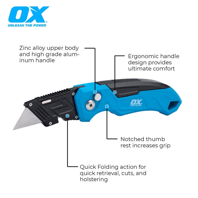 OX Tools Pro Heavy Duty Fixed Blade Folding Box Cutter Utility Knife w/Easy Change Blade Button - Quick Fold Action Strong Construction Knife with 3 Replacement Blades - Image 2