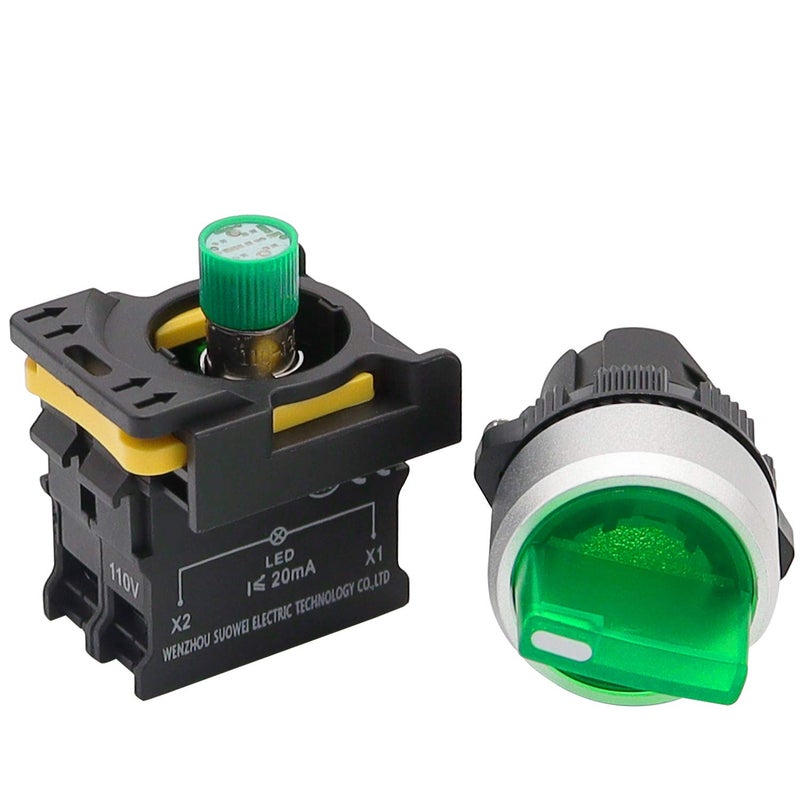 mxuteuk مفتاح اختيار دوار ليد أخضر 110V-220V 22mm 1 NO 2 أوضاع مقاوم للماء IP65 10A 600V LA155-A1-10XD-G - Image 3