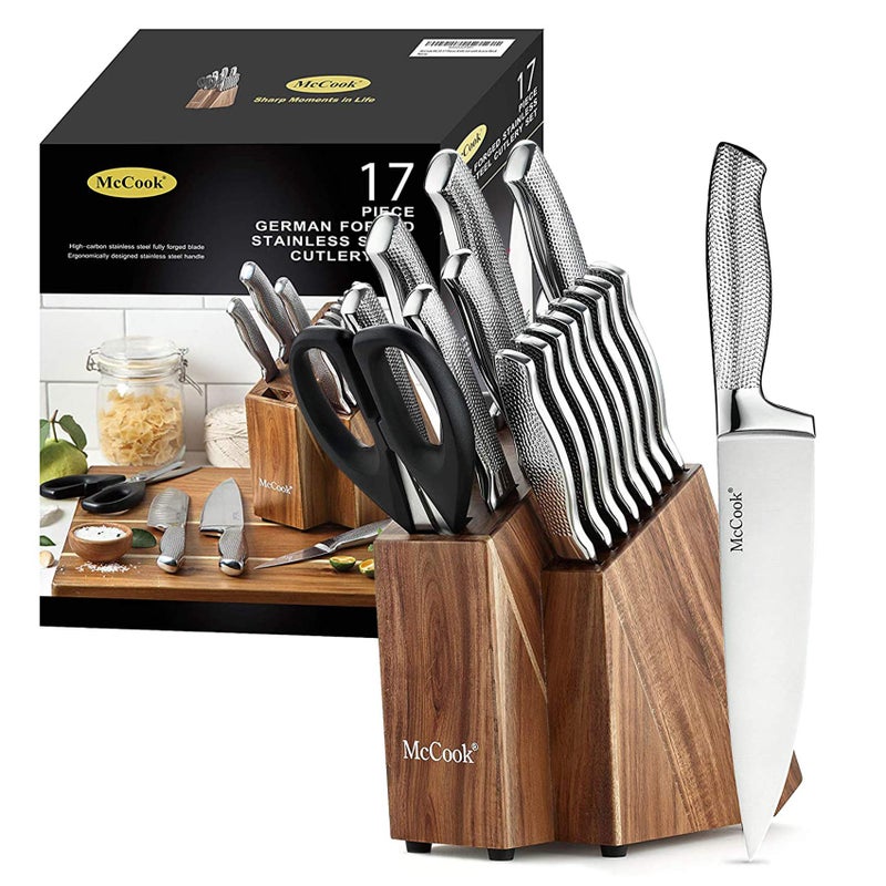 McCook Premium Knife SetsFull Tang Hammered German Stainless Steel Kitchen Knife Set with 8 Pieces Steak Knives and Acacia Block