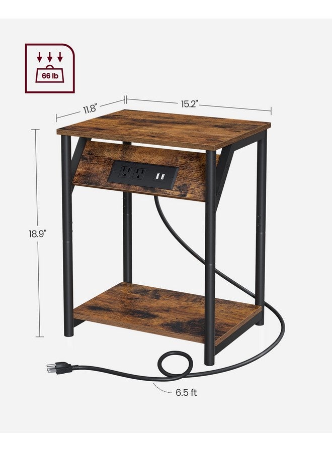 VASAGLE طاولة نهاية فاساجل مع محطة شحن، طاولة جانبية صغيرة لغرفة المعيشة، غرفة النوم، طاولة سرير مع مآخذ ومنافذ USB، طاولة بجانب السرير مع رف تخزين، بني ريفي وأسود - Image 5