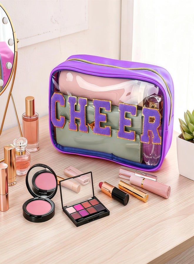 Abbylike Cheer Clear Makeup Letter Bag Cosmetic Zipper Cheers Pouch Chenille Patch Cheerleader Gifts Preppy Cheer Nylon Handmade Toiletry Bags for Women Girls Gifts (Purple,1 Piece) - Image 4